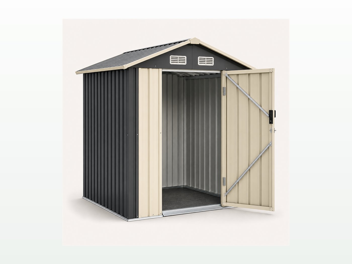 Gable roof shed with hinged door open