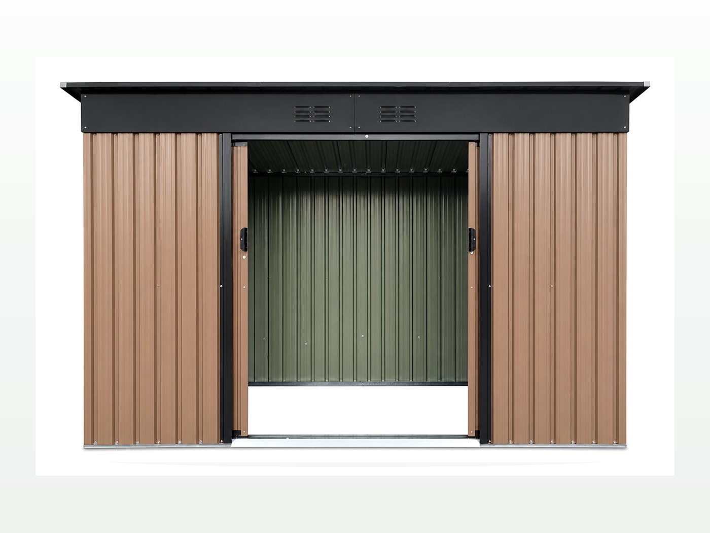 Coffee brown pent roof metal shed open door